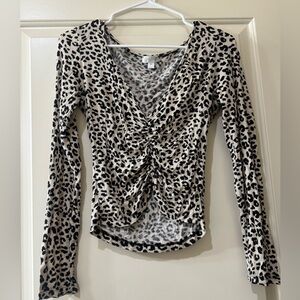 Stylish Leopard Print V-Neck Long Sleeve Top